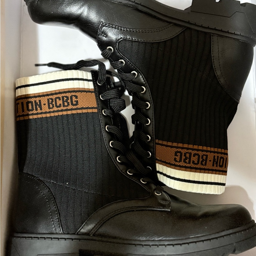 BCBG Black Lace-Up Boots with Knit Trim
